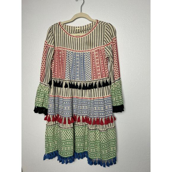 Dodo Bar Or Multicolor Mini Dress Tasseled Striped Tiered Boho Embroidery Sz S - Picture 1 of 6